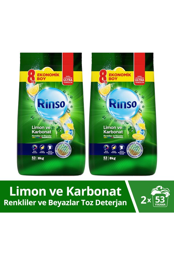 Toz Çamaşır Deterjanı Renkliler Ve Beyazlar Için Limon Ve Karbonat 8 Kg X2