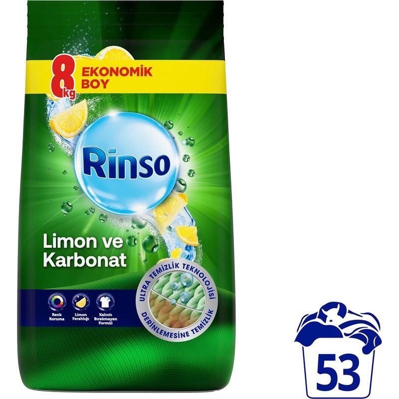 Toz Çamaşır Deterjanı Renkliler ve Beyazlar İçin Limon ve Karbonat 8 Kg